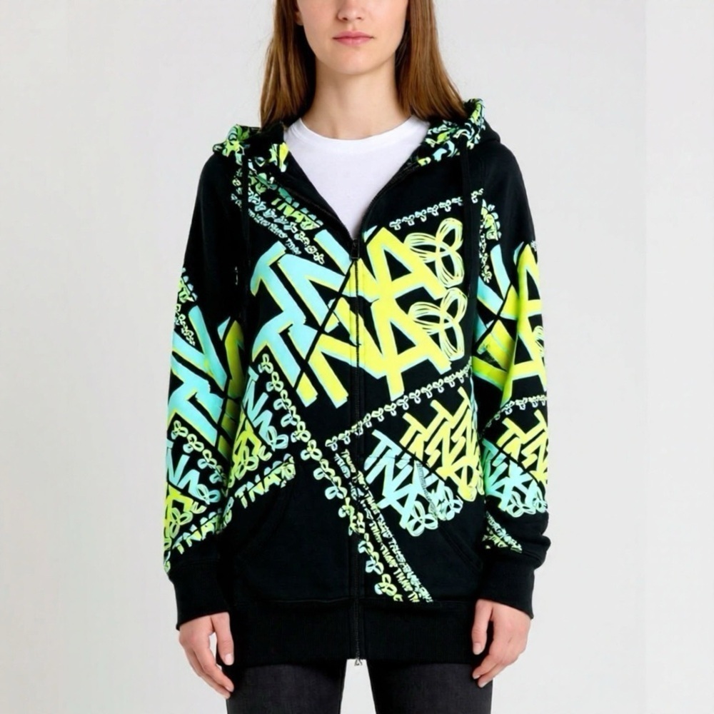 TNA Aritzia Womens Hoodie Graphic Sweatshirt Size Small Black Zip Up Sweater
